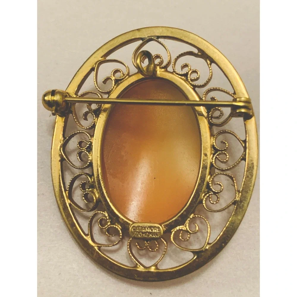 VTG Cameo Relief Pin Brooch Regency Signed Catamore 12K GF Yellow Gold Filled